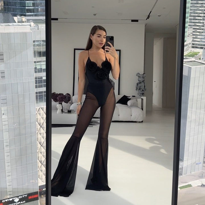 Mesh Stitching See-through Design Horn Jumpsuit For Women